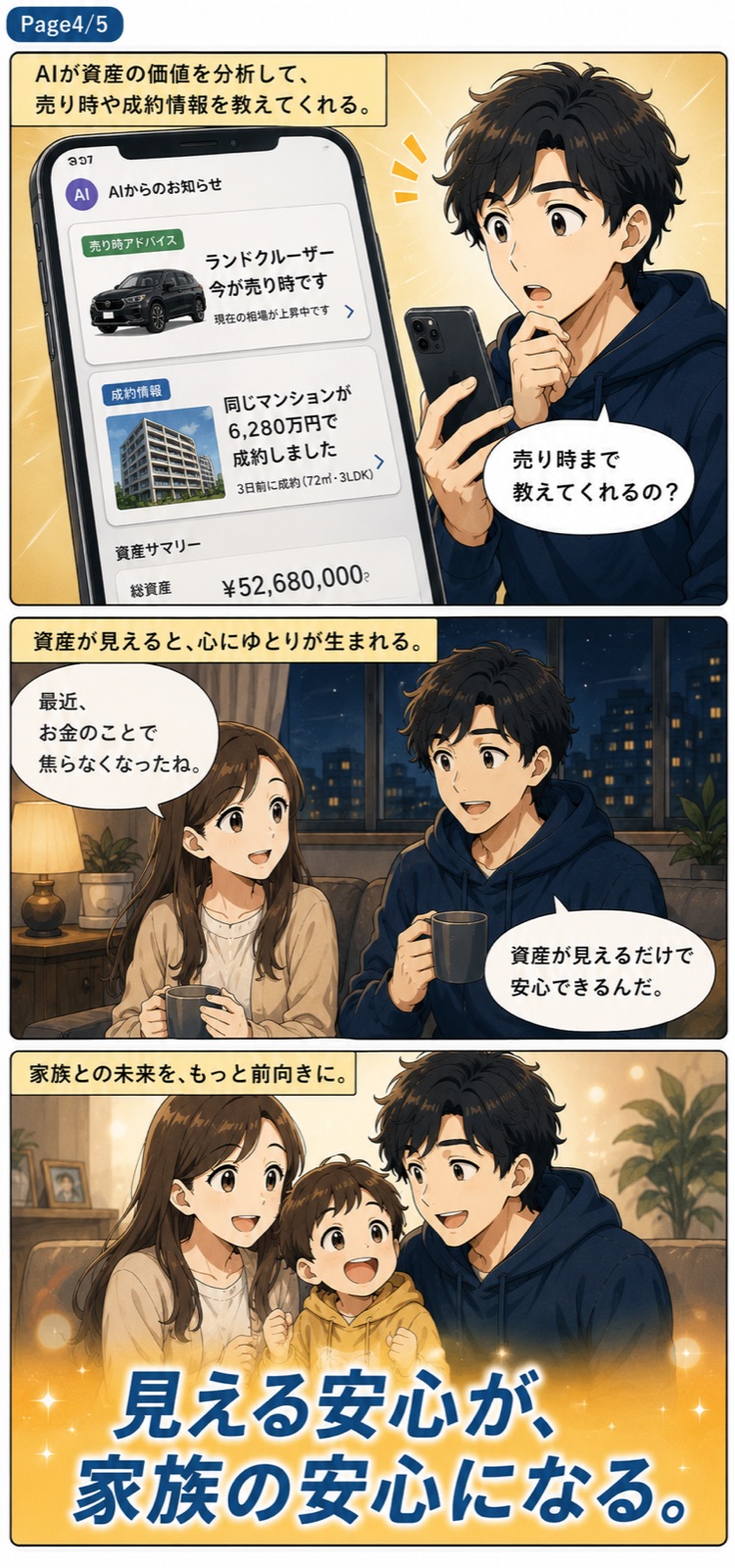 AIが資産価値を分析して売り時や成約情報を教えてくれる。見える安心が、家族の安心になる。